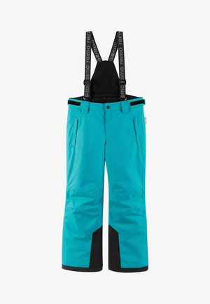 Turquoise snow pants with black accents, adjustable suspenders, two front pockets, and a waterproof material for winter activities.