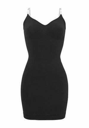 Schwarzes, tailliertes Kleid mit V-Ausschnitt und verstellbaren durchsichtigen Trägern. Glatte Textur mit einer eleganten Silhouette, geeignet zum Layering oder als eigenständiges Kleidungsstück.