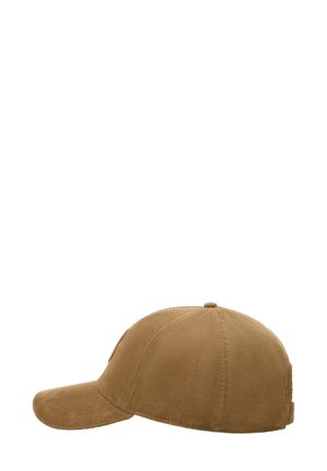 Cappello da baseball in corduroy marrone con visiera curva, superficie testurizzata e un piccolo logo di lato. Cintura regolabile sul retro.