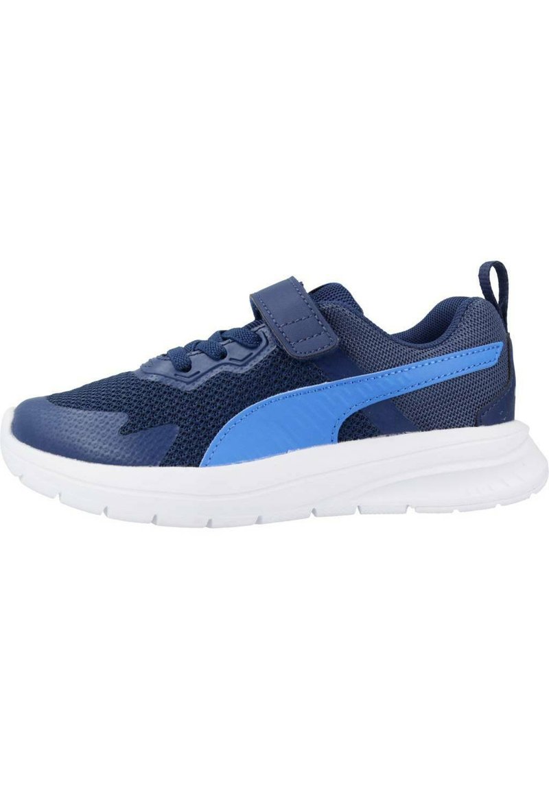 Blue and navy athletic shoe with mesh upper, contrasting blue accent, white sole, and a hook-and-loop strap for secure fit.