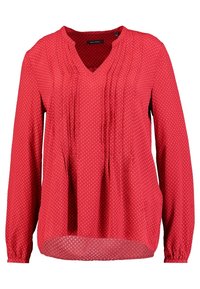 Rode blouse met lange mouwen en V-hals, voorzien van verticale plooien en kleine stippen. Lichtgewicht materiaal met een gebogen zoom.