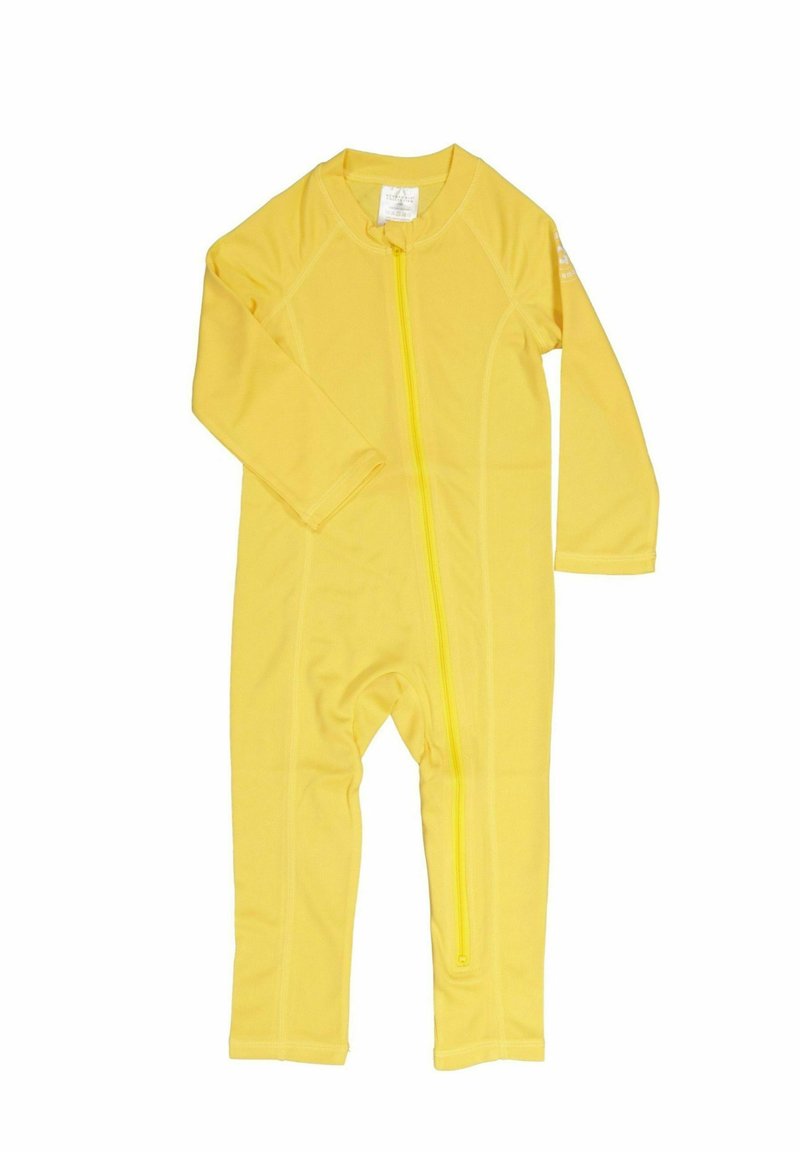 Gul långärmad baddräkt med dragkedja fram, tillverkad av slätt, stretchigt material, med figurnära ben och rund halsringning.