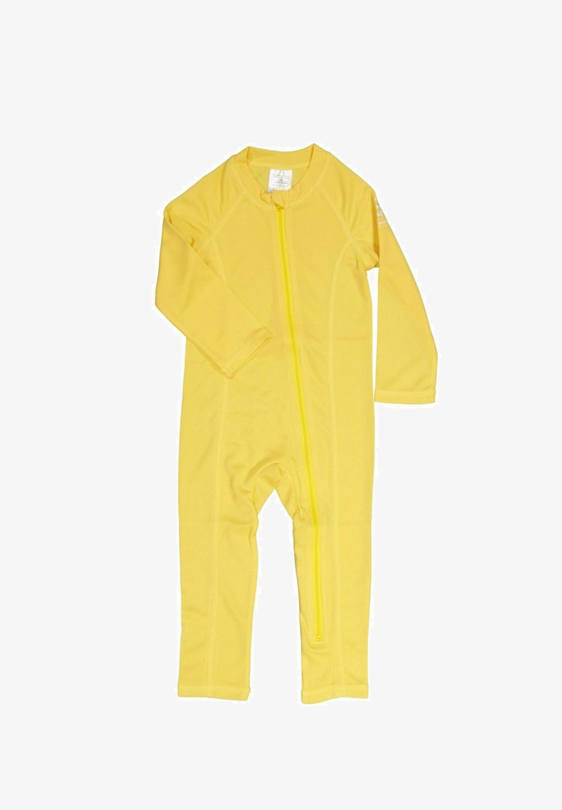 Gul langærmet heldragtbadedragt med lynlås foran, lavet af glat, strækbart stof, med tætsiddende ben og rund halsudskæring.