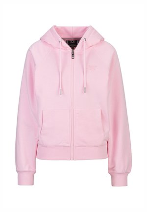 Hellrosa Kapuzenpullover mit Reißverschluss, Vordertaschen, Kordelzug an der Kapuze, gerippten Bündchen und dezent gesticktem Logo auf der Brust.