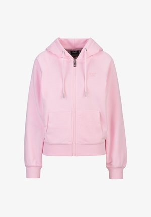 Lichtroze zip-up hoodie met zakken aan de voorkant, capuchon met trekkoord, geribbelde manchetten en een subtiel geborduurd logo op de borst.