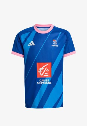 Niebieska sportowa koszulka z różowym kołnierzykiem i mankietami. Zdobiona ukośnymi paskami, logo i naszywką z marką z przodu. Wykonana z przewiewnego materiału.