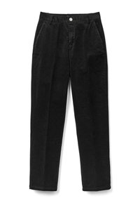 Pantalons en velours côtelé noirs à coupe droite, avec des poches latérales et une fermeture à bouton à l'avant. Texture douce avec des nervures verticales.