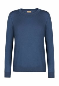 Niebieski sweter z okrągłym dekoltem i długimi rękawami, wykonany z miękkiego, lekkiego materiału. Posiada ściągacze przy mankietach i u dołu dla dopasowanego wykończenia.