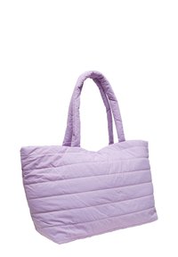 Purple quilted tote bag with dual handles, featuring a rectangular shape and horizontal stitching pattern for texture.