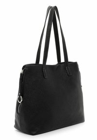 Sac fourre-tout en cuir noir texturé avec deux longues poignées. Comprend une poche zippée sur le côté et un design simple et structuré.