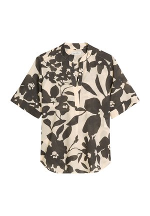 Beige overhemd met korte mouwen, grote zwarte bloemenprint, mandarijnkraag en een voorste splitopening.