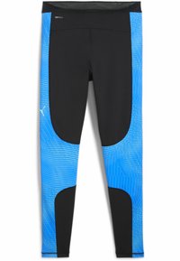 Crne atletske tajice s plavim uzorkovanim bočnim panelima s teksturiranim dizajnom. Izrađene su od materijala koji upija vlagu.