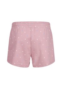 Rosa bomullsshorts med elastisk midje, med et mønster av grå stjerner og lyseblå halvmåner over hele.