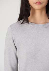 Hellgrauer Strickpullover mit Rundhalsausschnitt und langen Ärmeln; weiche Textur, minimalistische Details und gerippte Bündchen.