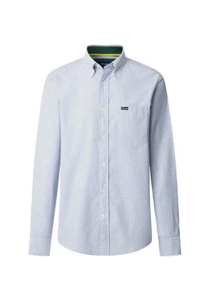 Koszula zapinana na guziki, w niebiesko-białe paski, długie rękawy, kołnierz, kieszonka na lewej piersi, wykonana z bawełny, z kontrastową zieloną podszewką wewnątrz kołnierza.