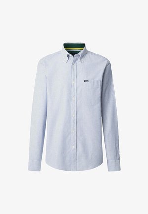 Camicia con bottoni, a righe blu e bianche, maniche lunghe, colletto, taschino sul lato sinistro, in cotone, presenta una foderatura verde a contrasto all'interno del colletto.