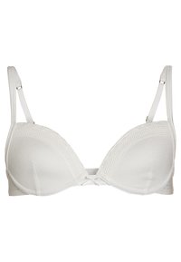 Hvit stoff-BH med lett polstret kopper, justerbare stropper og dekorative blondekanter på øvre kant og midten. Klassisk design.