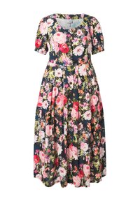 Blumenkleid in Midi-Länge mit kurzen Ärmeln, Rundhalsausschnitt, Knöpfen vorne und einem dunklen Hintergrund, der pinke, rote und weiße Blumen mit grünen Blättern zeigt.