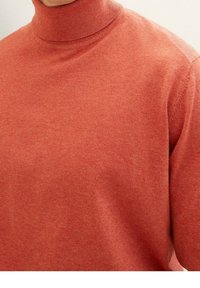 Turtlenecktrui van zacht koraalkleurig gebreid stof, met een geribde kraag en naadloos schouderontwerp. Soepele textuur met minimale accenten.