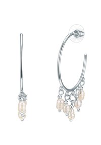 Pendientes de aro de plata con múltiples perlas blancas colgantes. El diseño incluye acentos de alambre circular y un acabado suave en las perlas.