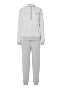 Top de rayas gris y blanco de manga larga con tapeta abotonada y bolsillo en el pecho, combinado con pantalones de puño elástico gris sólido.