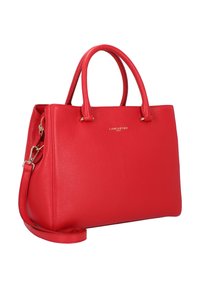 Sac à main en cuir rouge avec une forme structurée, deux poignées supérieures et une bandoulière amovible. Accents en logo et en matériel de couleur dorée.