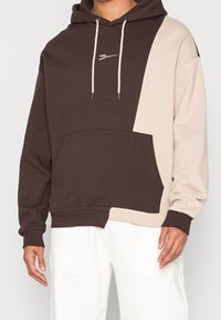 Felpa con cappuccio in marrone scuro e beige, dotata di tasca frontale, cordino e dettagli con logo. Realizzata in tessuto morbido con una vestibilità rilassata.