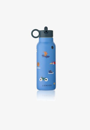 Sticlă de apă din oțel inoxidabil albastru cu capac bleumarin, având designuri colorate și jucăușe cu animale și echipamente sportive. Finisaj mat, ușoară.
