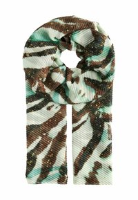 Cream and brown striped scarf with teal accents, featuring a textured ribbed fabric and subtle gold speckles throughout.