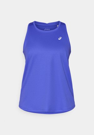 Violets sporta tanktops no elpojoša auduma, ar apaļu kakla izgriezumu un asimetrisku apakšu. Priekšpusē ir balts logotips.