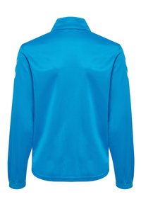 Långärmad skjorta i ljusblått tyg, med krage och elastiska ärmslut. Vita logotypdetaljer på ärmarna. Slät textur.