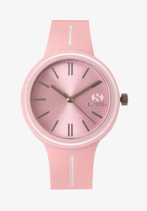 Rosa Silikonuhr mit einem metallischen rosa Zifferblatt, silbernen Stundenmarkierungen und einem weißen Akzent am Armband. Verfügt über eine silberne Krone und ein Logo.