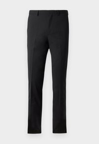 Pantalones negros con un corte ajustado, que presentan un frente plano, dos pliegues, pasadores para cinturón y una textura suave. Sin patrones ni accesorios visibles.