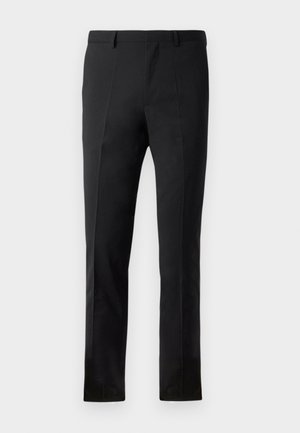 Black trousers with a tailored fit, featuring a flat front, two creases, belt loops, and a smooth texture. No visible patterns or hardware.