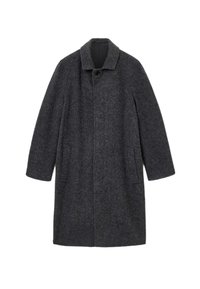 Uldfrakke i mørkegrå, med krave, frontknaplukning og to sidelommer. Lige snit med en struktureret overflade.
