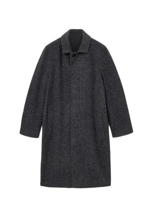 Abrigo de lana en gris oscuro, con cuello, cierre frontal de botones y dos bolsillos laterales. Corte recto con un acabado texturizado.