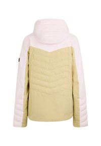 Hooded jacket featuring a color block design in pale pink and light green, with quilted texture and diagonal stitching on the back.