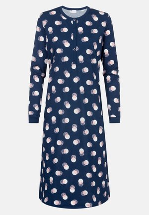 Navy blue long-sleeve dress with a round neckline, featuring a button placket and a scattered polka dot pattern in white and peach shades.