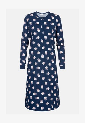 Robe bleu marine à manches longues avec un col rond, dotée d'une patte de boutonnage et d'un motif de pois éparpillés en nuances de blanc et de pêche.