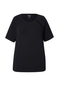 Camiseta negra de manga corta con cuello redondo y costuras decorativas a lo largo de los hombros. Fabricada en una tela suave y transpirable.
