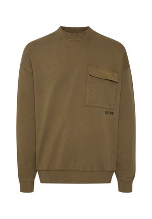 Langärmliges olivgrünes Sweatshirt mit gerippten Bündchen und Saum, mit großer Klappentasche auf der linken Brust und kleinem schwarzen Schriftzug "IS-99".