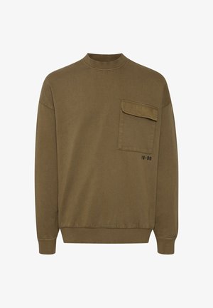 Sweat-shirt vert olive à manches longues avec poignets et ourlet côtelés, doté d'une grande poche à rabat sur la poitrine gauche et d'un petit texte noir "IS-99".