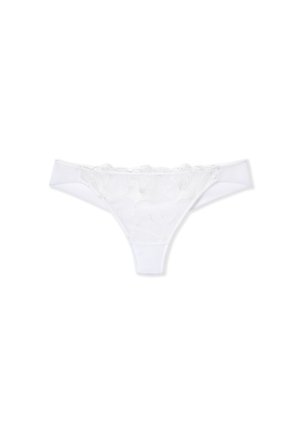 Thong blanc avec un devant en dentelle florale, une taille élastique et un dos en tissu lisse. Présente des bords en dentelle festonnés et un design transparent.
