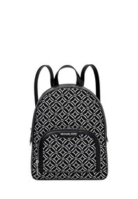 Sac à dos en tissu noir avec un motif géométrique, des accents argentés, une forme arrondie et une poche zippée à l'avant, étiqueté avec le nom de la marque.