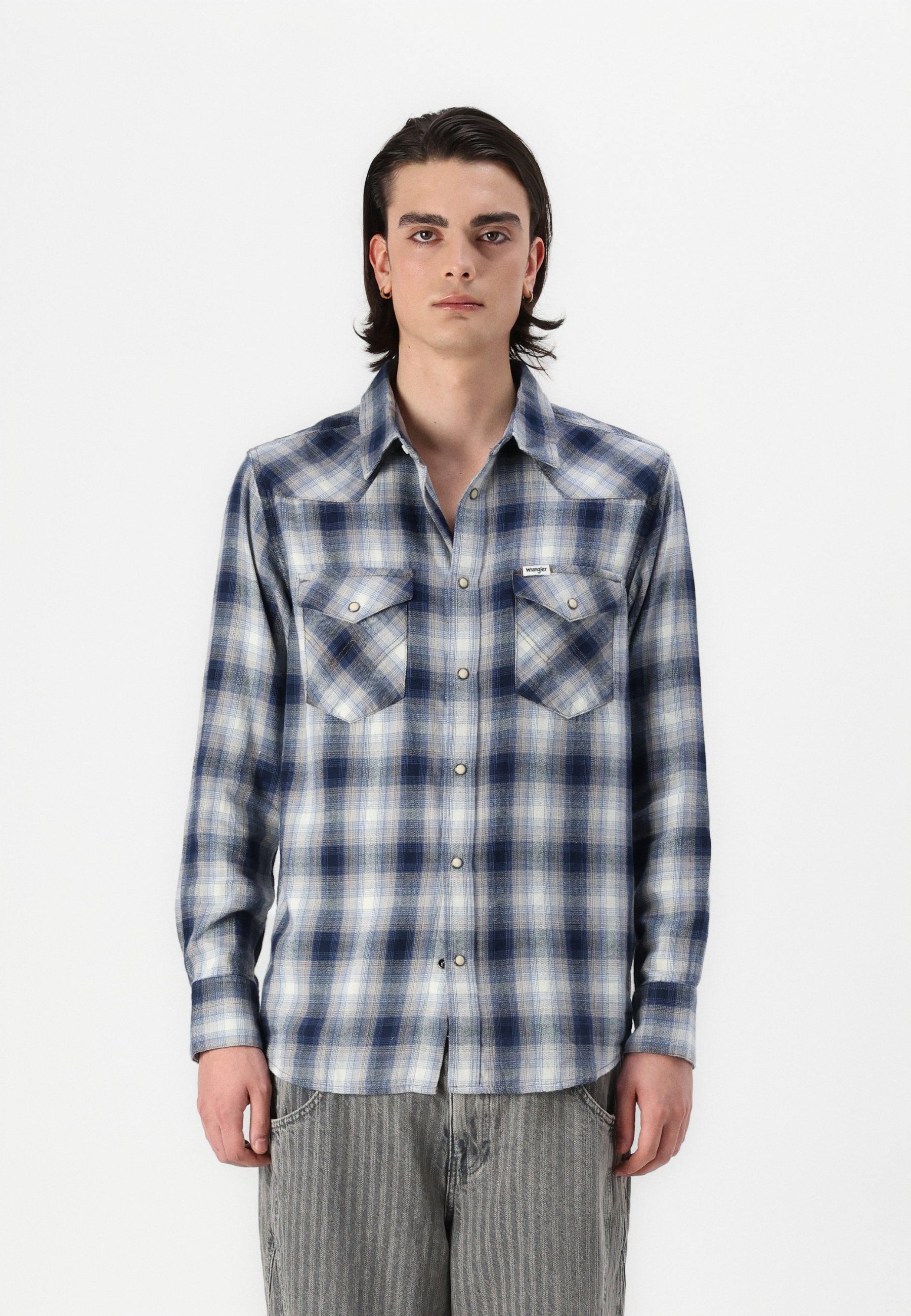Chemise Wrangler Homme Taille L - Bleu/Vert à Carreaux - Manches Longues, Coupe Classique - 100% Coton