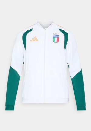 Veste de sport blanche avec accents verts et détails dorés. Comprend une fermeture éclair, des manches longues et un emblème "ITALIA" sur la poitrine.