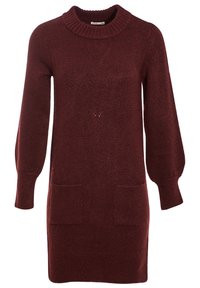 Robe pull en tricot bourgogne avec un large col côtelé, des manches ballons, deux poches avant et un motif texturé en V.