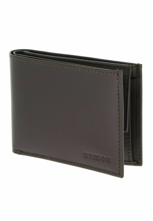 Dark brown leather bifold wallet with embossed logo, visible stitching, and multiple compartments, shown closed at a slight angle.