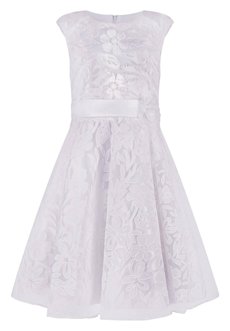 Bílé šaty s květinovou výšivkou, krátkými rukávy, saténovým pasem a sukní do výšky kolen. Vyznačují se texturovanou látkou s vystouplými květinovými vzory.