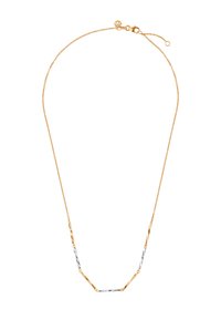 Złocona naszyjnik łańcuszkowy z naprzemiennymi skręconymi i gładkimi srebrnymi ogniwami, z regulowanym zapięciem. Elegancki i geometryczny design.